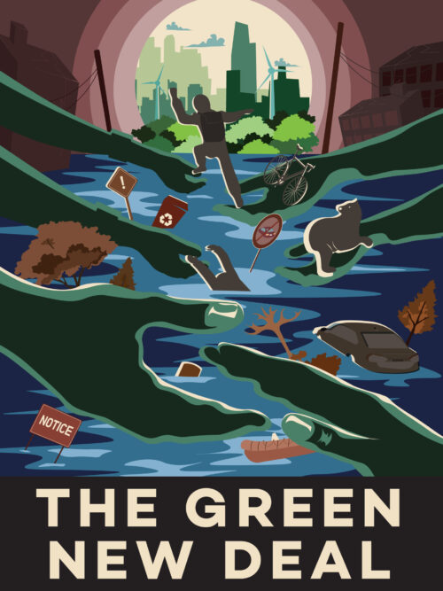 green new deal poster with polluted river and hands