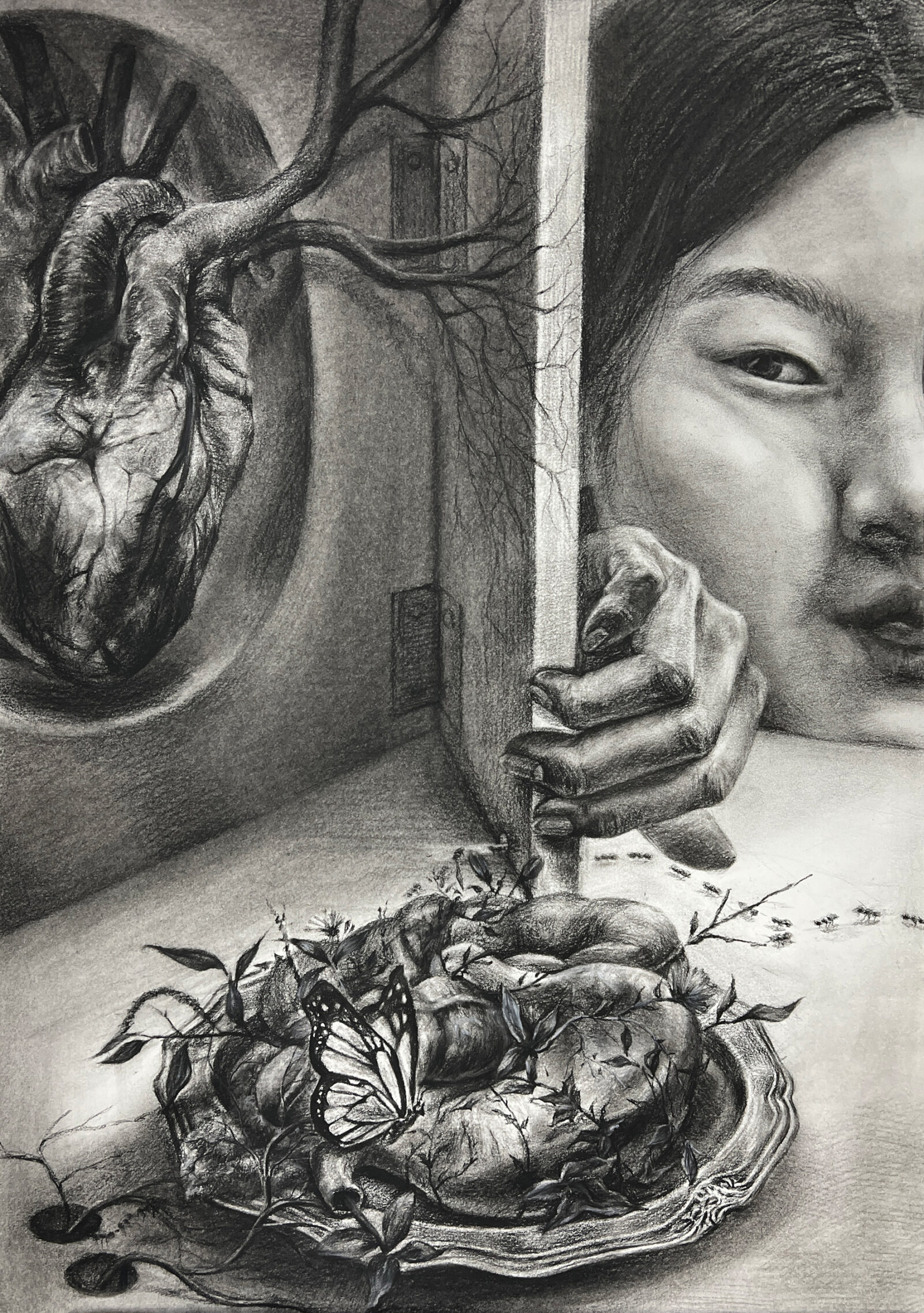 self-portrait in black and white with human organs and a butterfly