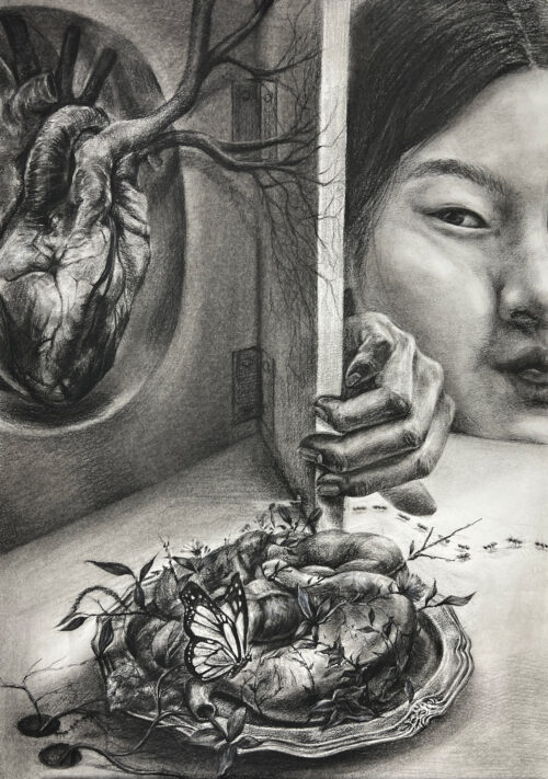 self-portrait in black and white with human organs and a butterfly