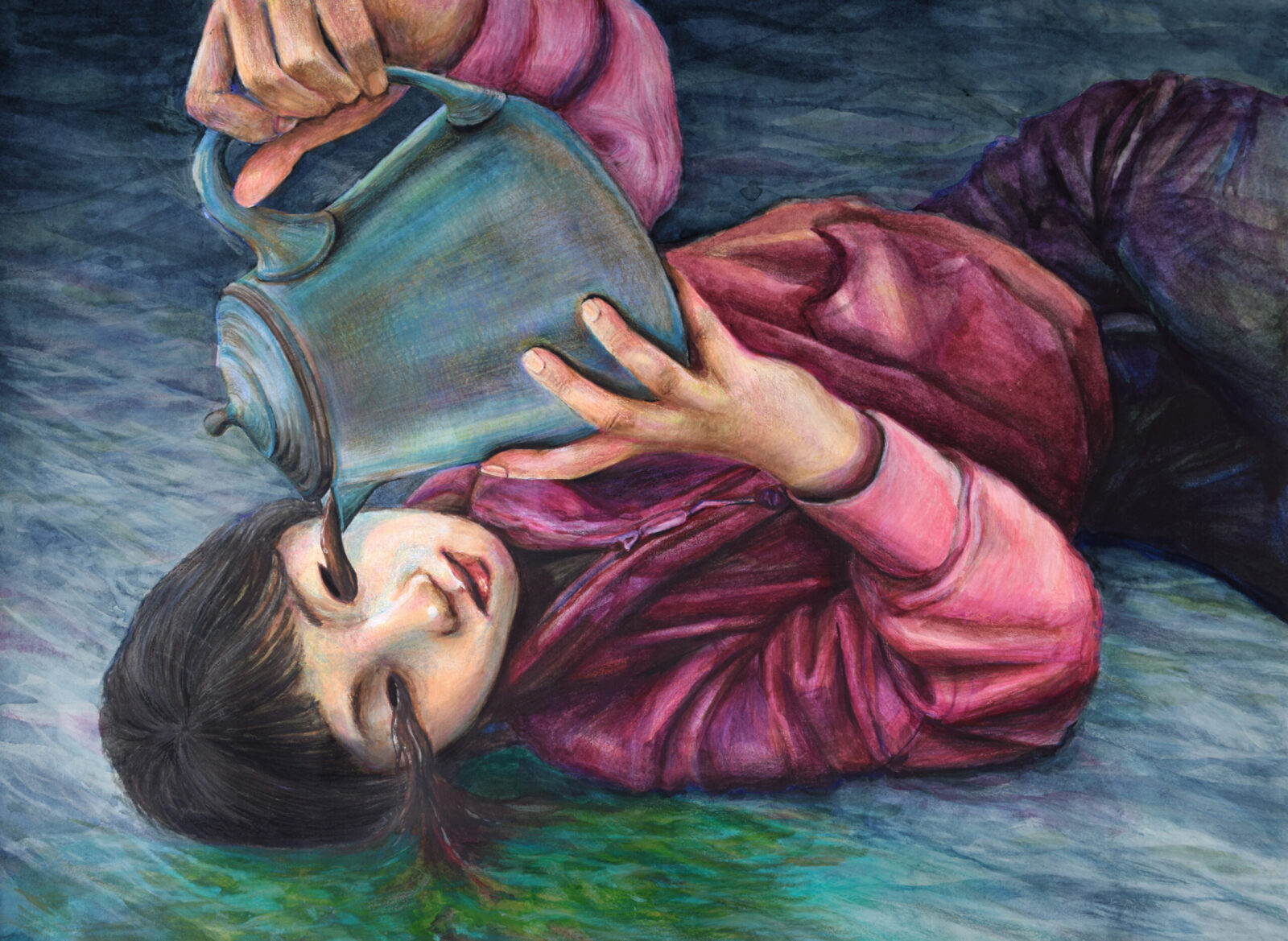 self-portrait pouring coffee from pot into eye 