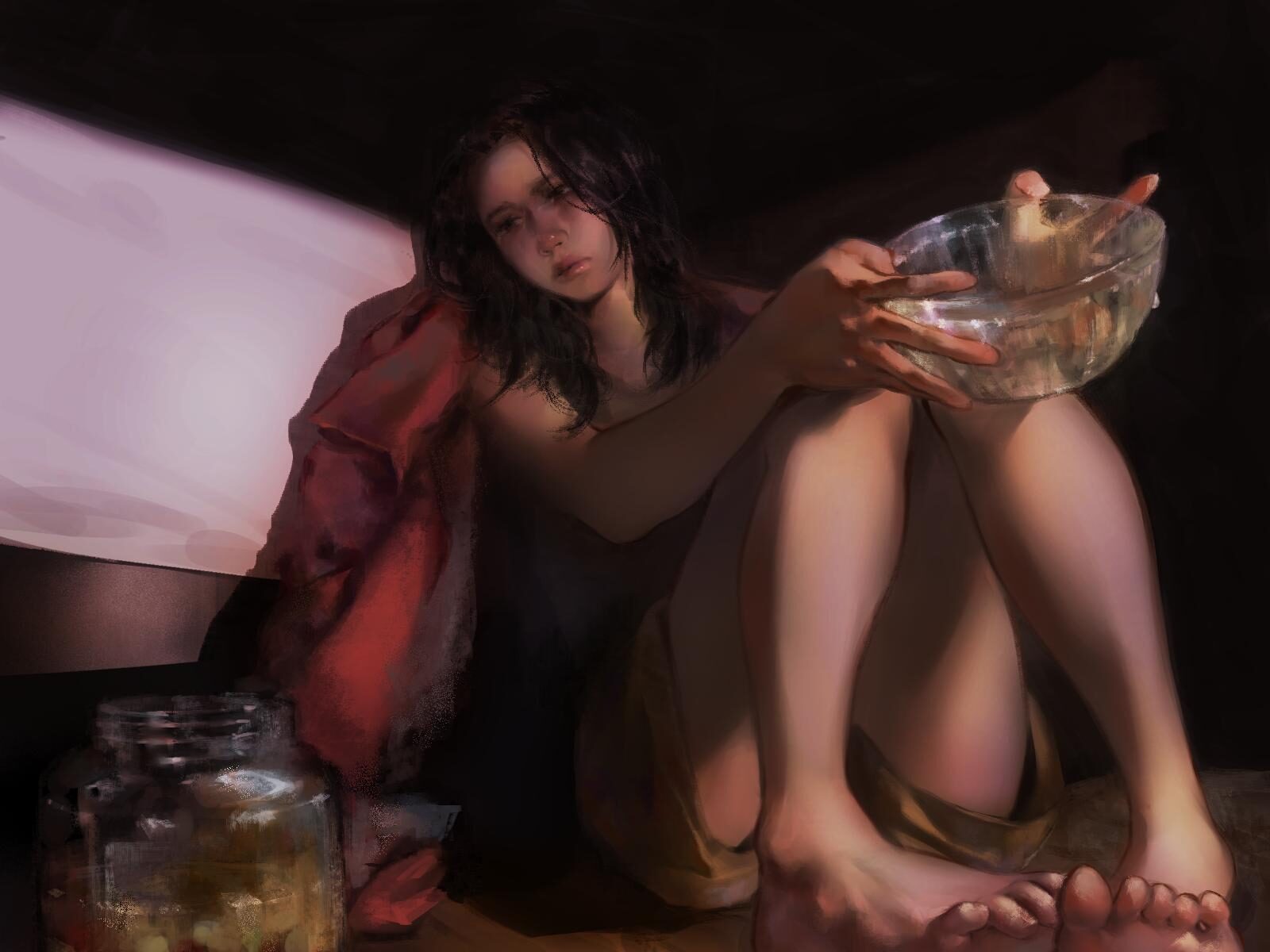 self-portrait sitting and holding a glass bowl