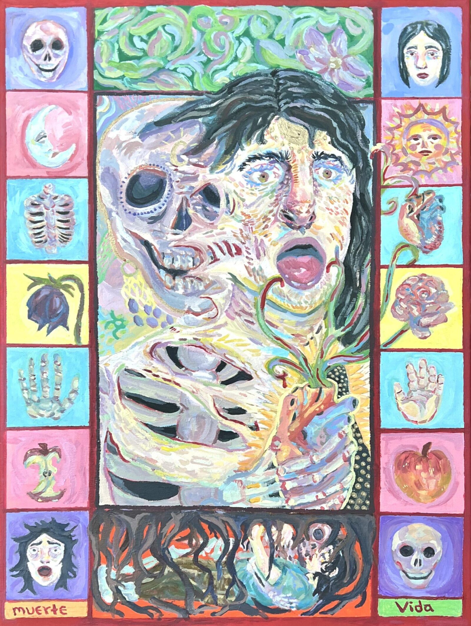self-portrait with face and skull and various images in vertical panels
