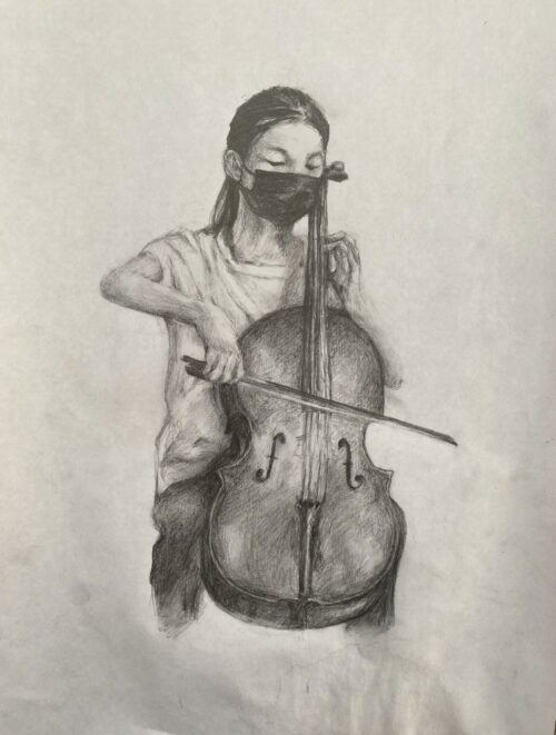 self-portrait of cello player wearing a mask