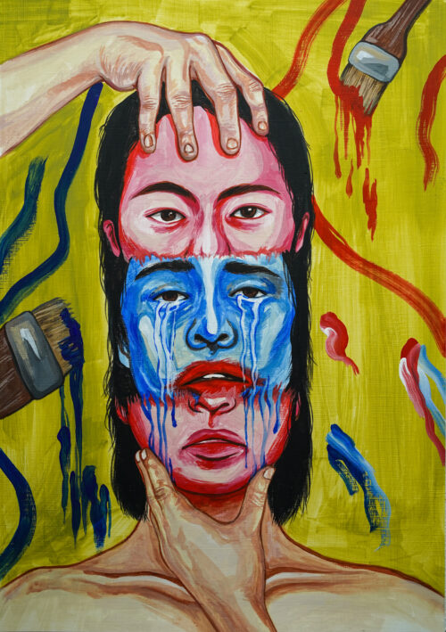 self-portrait with pink face pulled apart to reveal blue face below