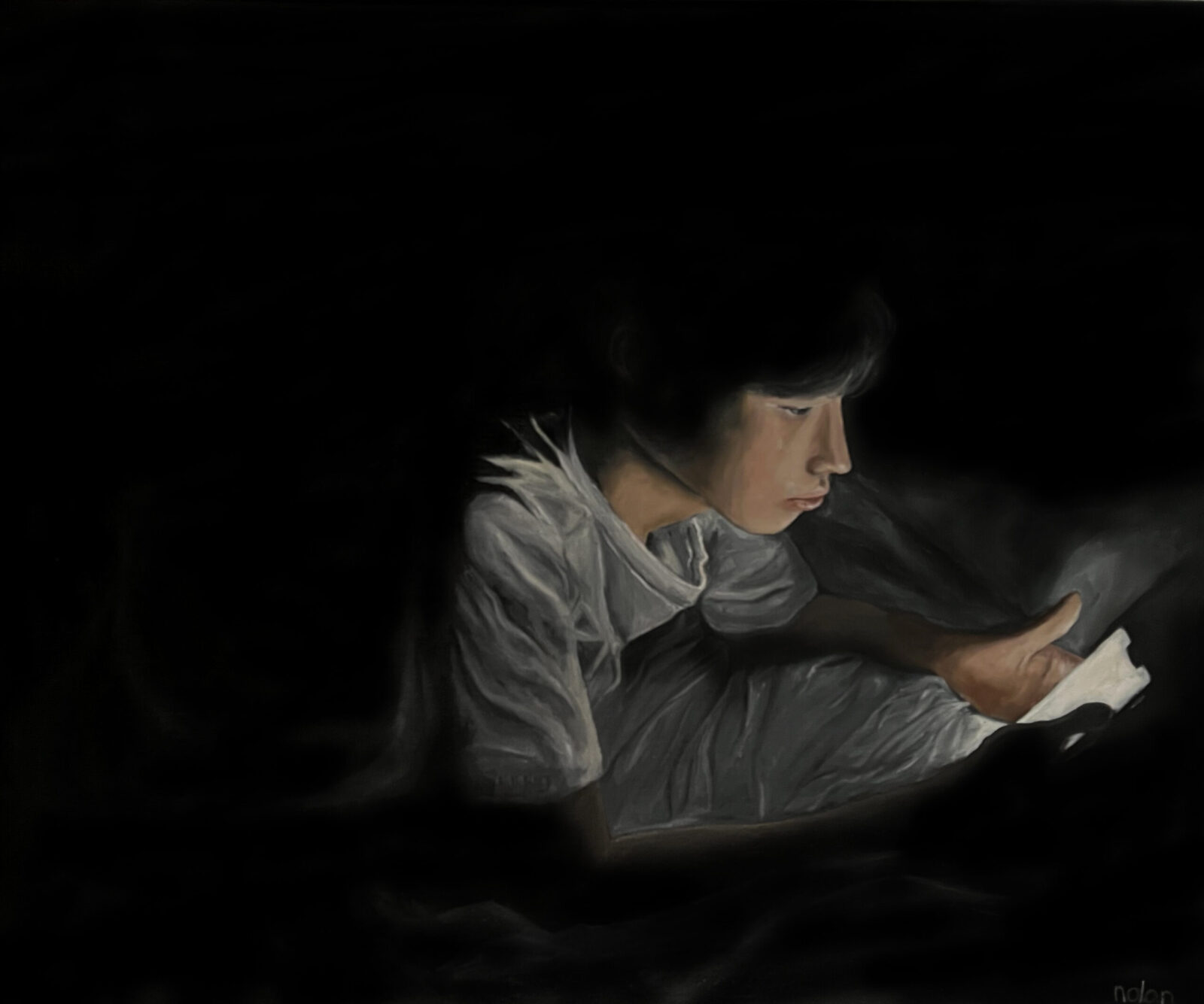 self-portrait in profile looking at a phone