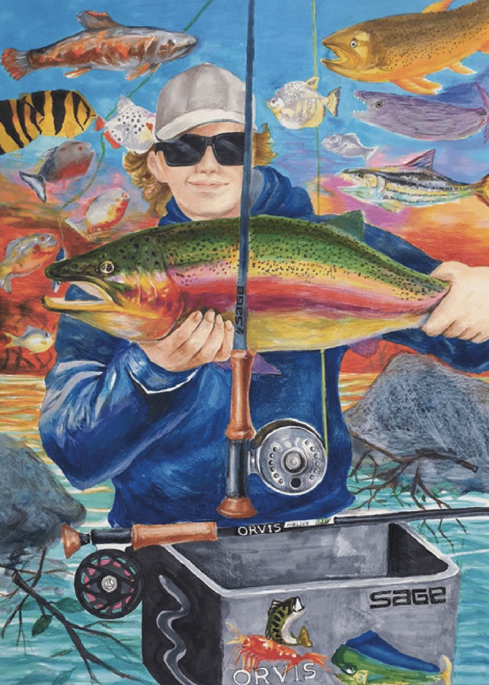 self-portrait holding a rainbow trout