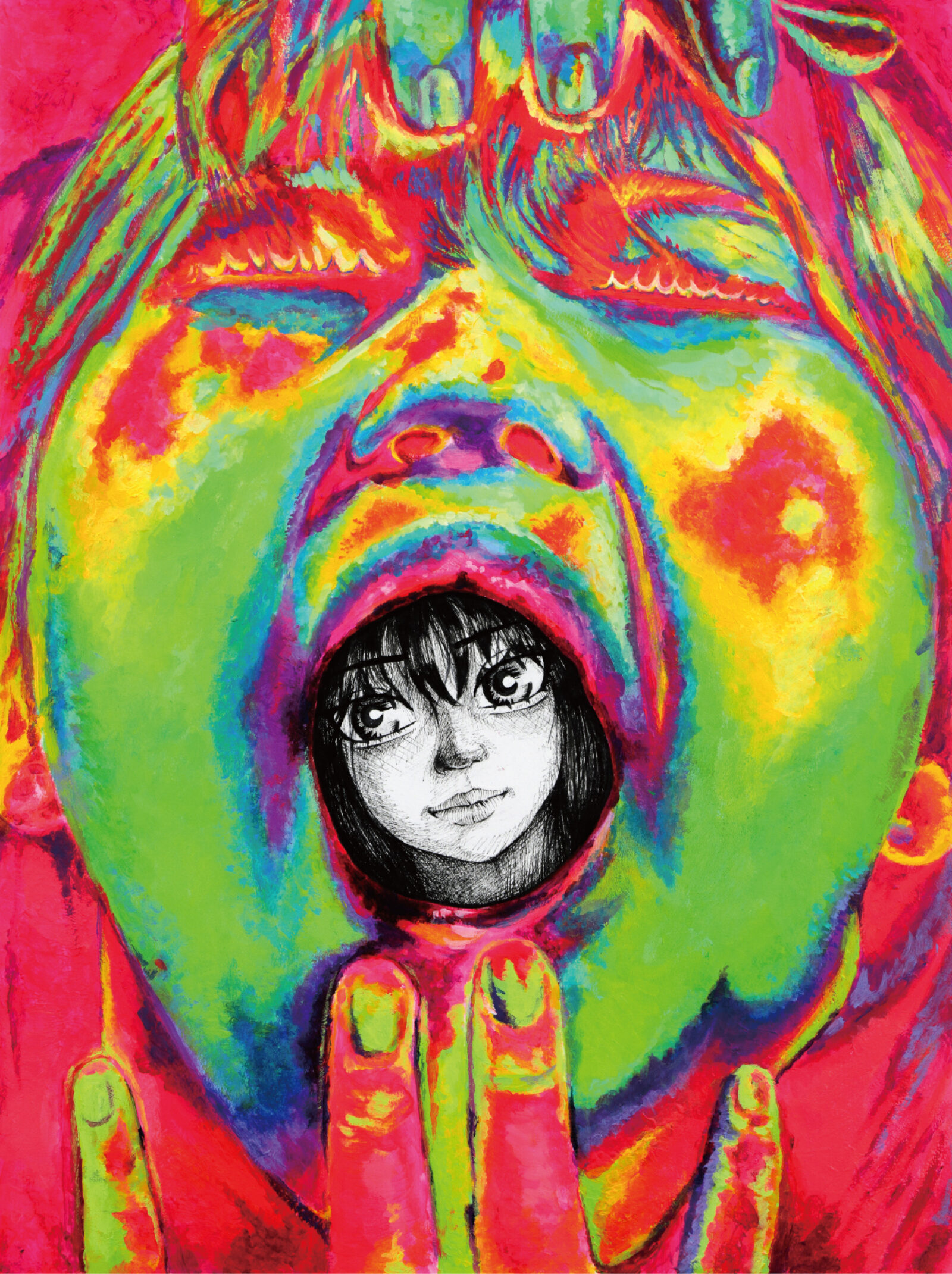 self-portrait with big colorful face and black and white head inside mouth
