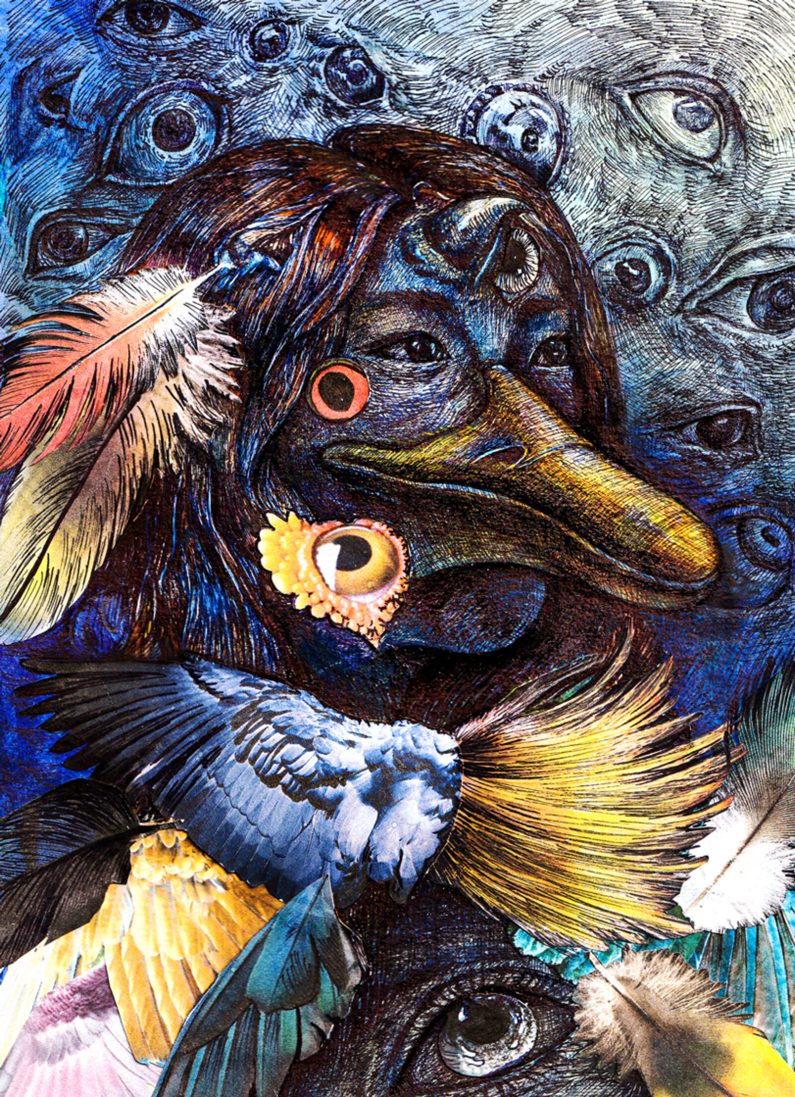 self-portrait as colorful bird surrounding by eyes