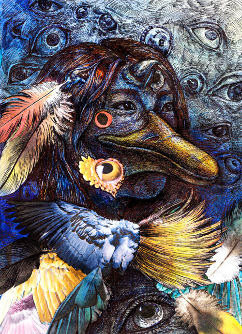 self-portrait as colorful bird surrounding by eyes