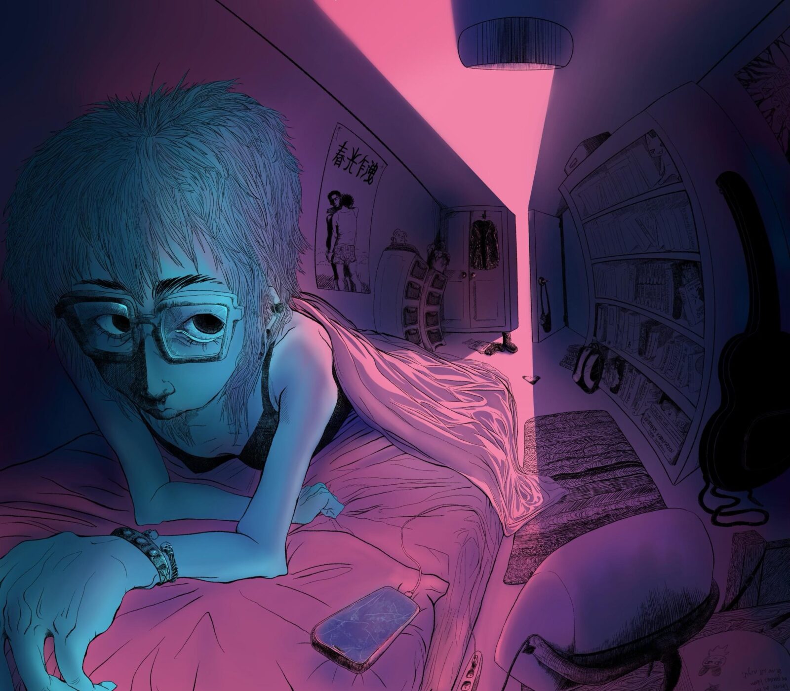 self-portrait lying on a bed in pink and blue