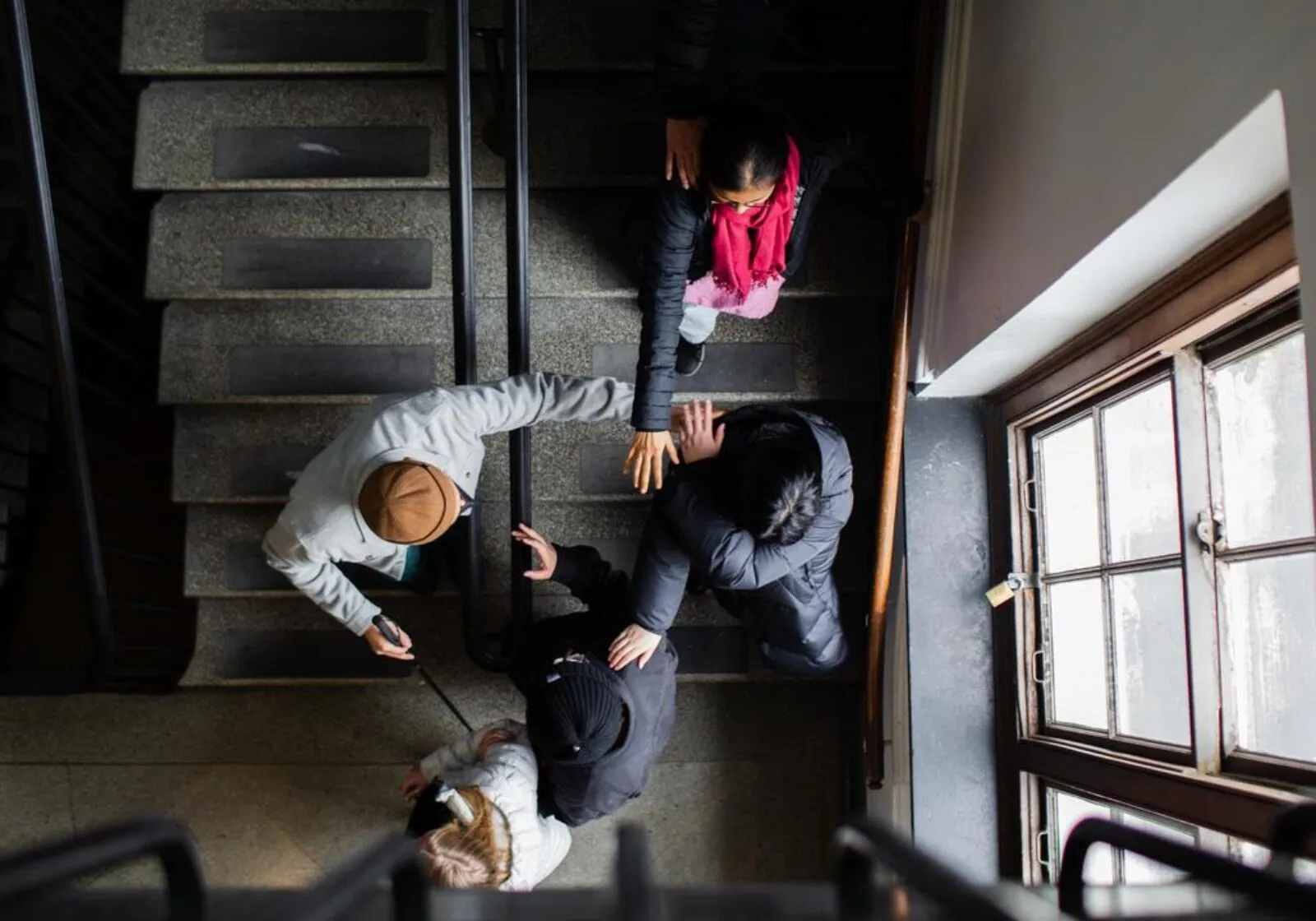 People in the stairway of the Architecture Building during the Blind Field Shuttle exercise