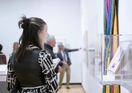 person with long hair looking at a hanging piece of art
