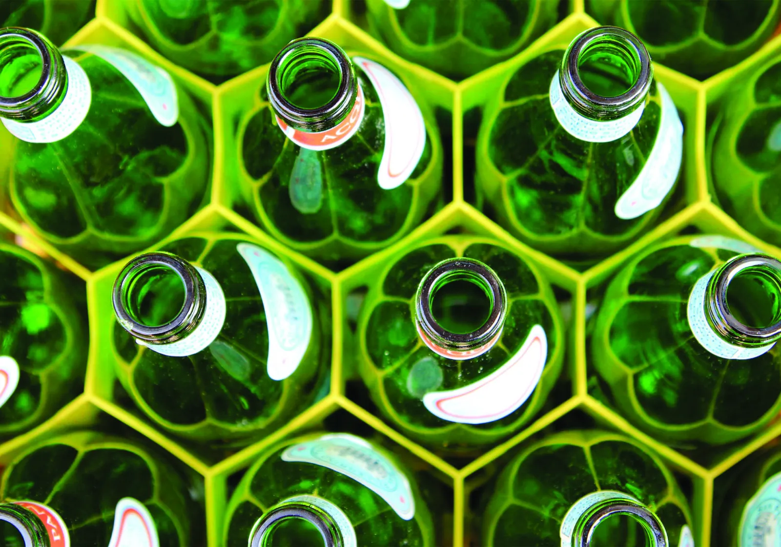 many green plastic bottles in cases from above