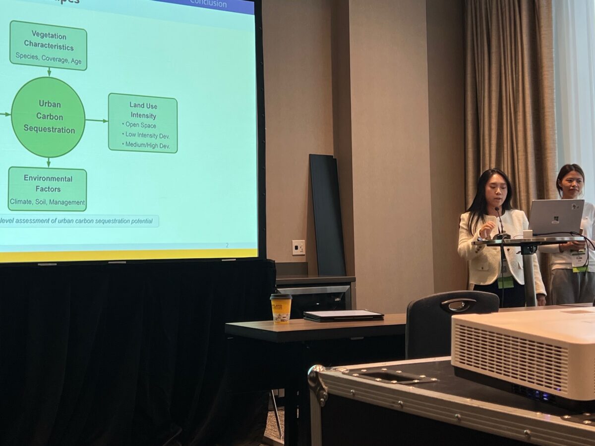 a person presents with a large presentation screen in a room
