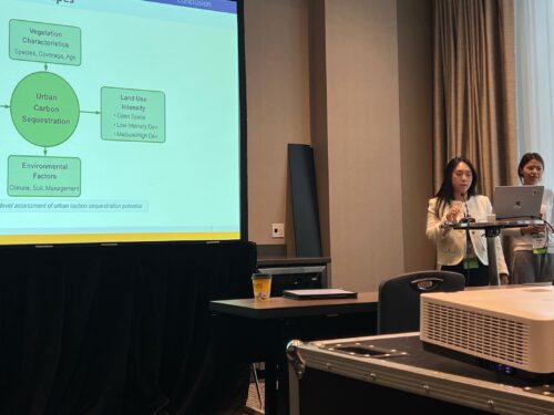 a person presents with a large presentation screen in a room