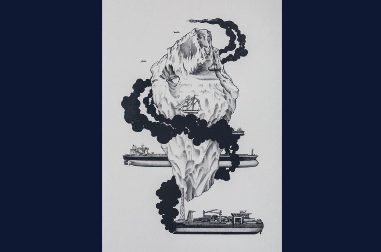 Artwork in black, white and dark blue  