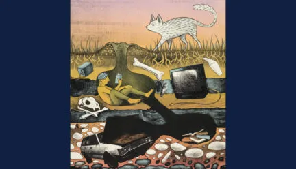 artwork with human and animals 