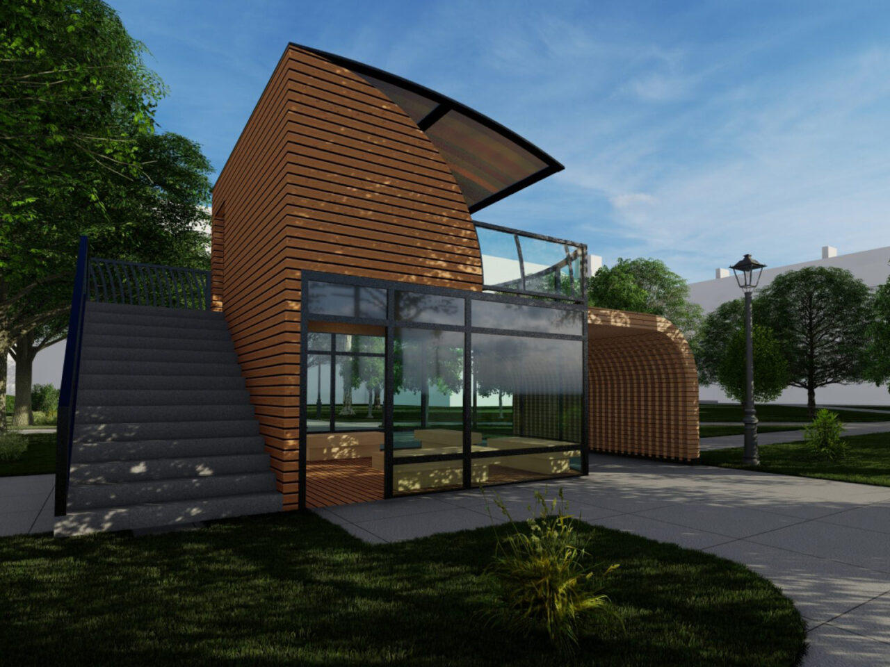 curved small building made of glass and wood with a path, trees, and grass
