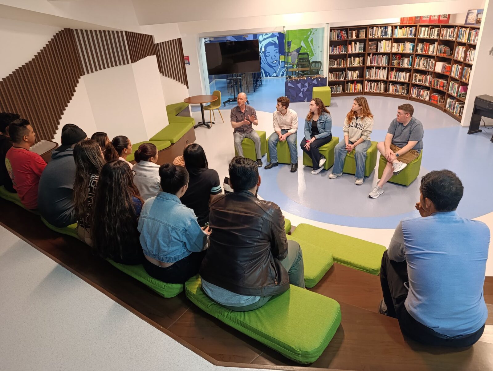 people gathered in a library