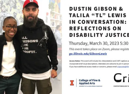 TL and Dustin pose for a photo after a conversation in 2019. Dustin, a light skinned Black man with a thick beard, has his arm around TL’s shoulder with a clenched fist of unity/power. Dustin’s black hoodie says “all prisons are for profit” and he sports a St. Louis Cardinals hat and backpack. TL is a Black medium complexion genderfluid person with a very low haircut and brown circle-framed glasses who comes up to just above Dustin’s shoulder height. TL is wearing a white shirt with a knit black cardigan over it. TL &amp; Dustin are wearing deep green colored pants. TL &amp; Dustin lean against each other with pride. The background has been lightened but behind Dustin and TL there is a partial image of a collaged poster of many different photographs, bookshelves and tables with chairs.