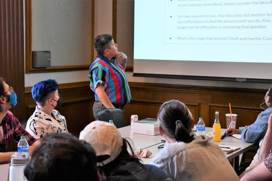 raquel presenting to a class of students