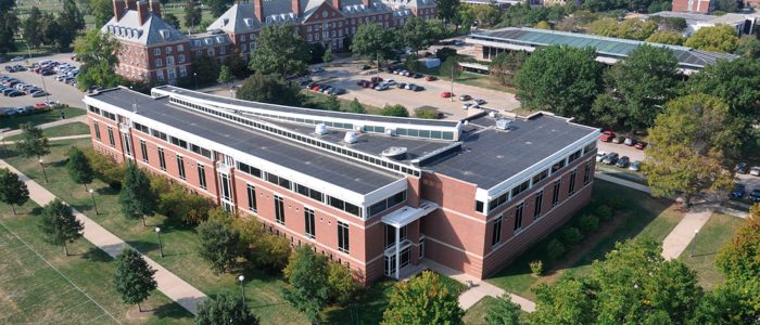 Temple Hoyne Buell Hall from above in the Bell Tower