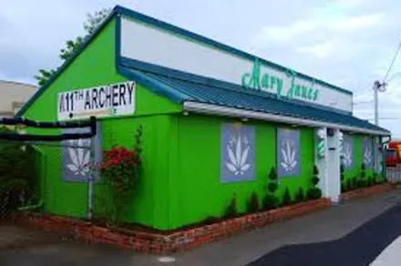 Green building with cannabis leaves