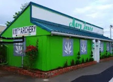 Green building with cannabis leaves