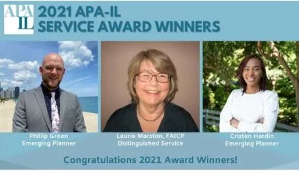 Three photos of award winners on blue background