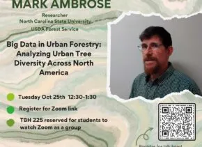 Green and white flier of presentation with photo of Mark Ambrose