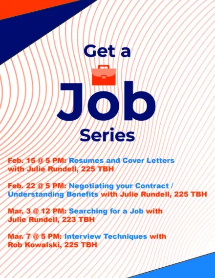 Colorful flier announcing the spring Get A Job series for 2023