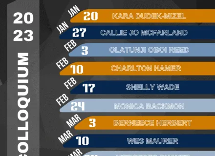 Colorful poster containing list of speakers for the spring colloquium