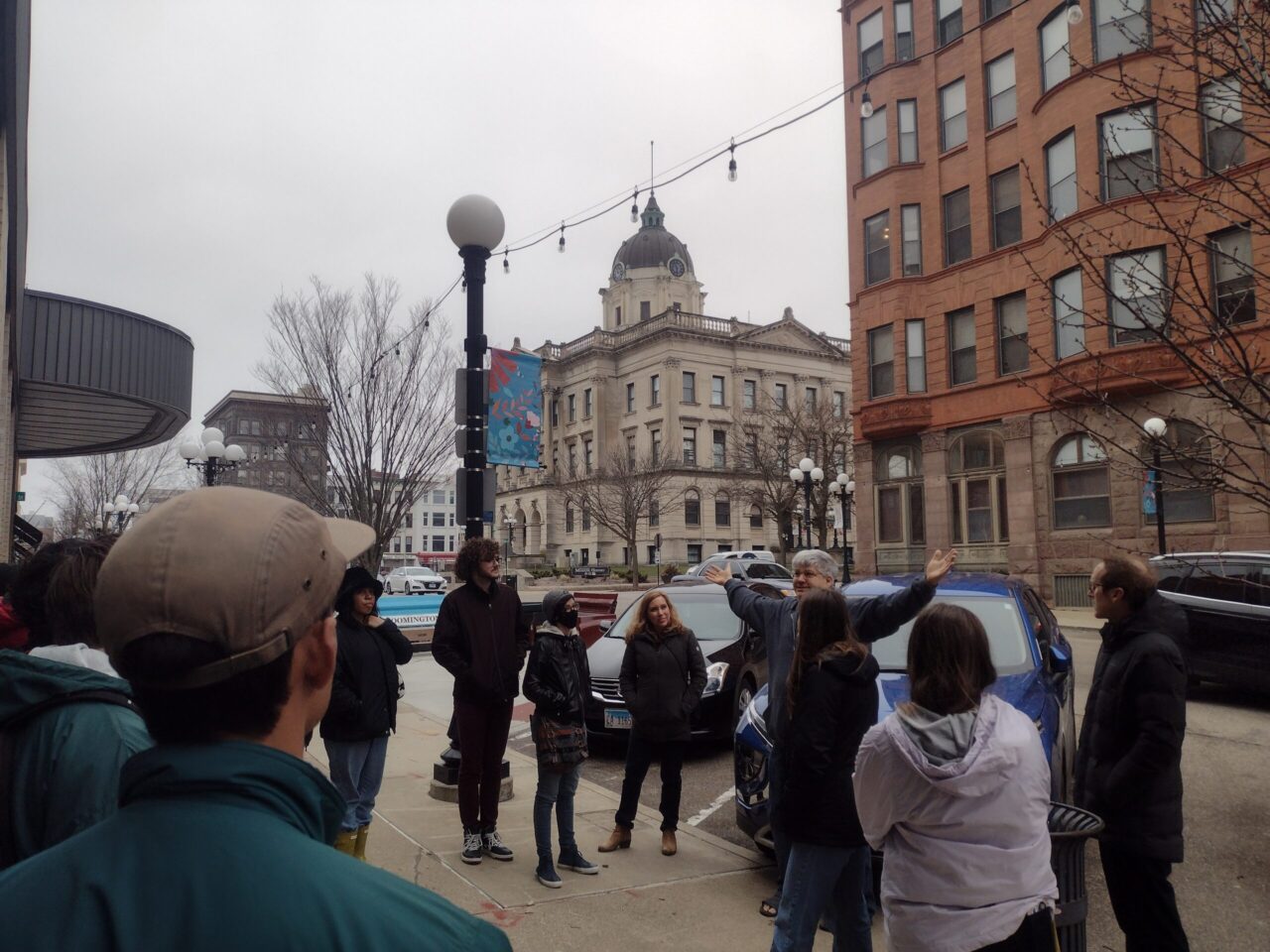 Students getting a tour of downtown Bloomington, Illinois