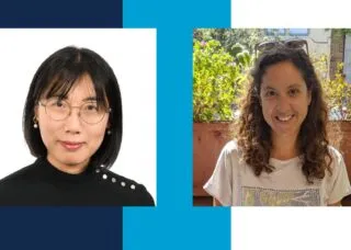 Blue and white background with headshots of Irene and Kerry