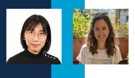 Blue and white background with headshots of Irene and Kerry