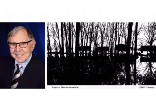 head shot of Robert Thaddeus Mooney and his photo of trees along the Mississippi River