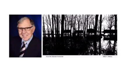 head shot of Robert Thaddeus Mooney and his photo of trees along the Mississippi River