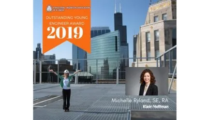 Michelle Ryland with building, head shot of Michelle Ryland, and award text