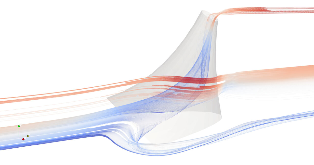 blue and red curved lines across a white background 