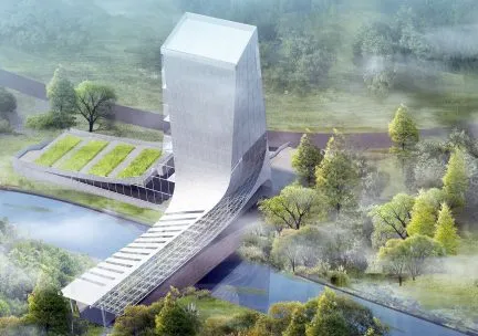 Aerial rendering of tower over river 