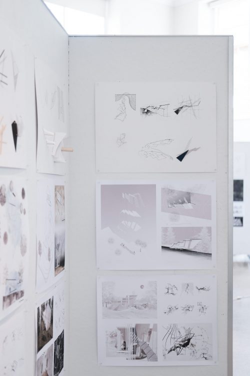 closeup view of final presentation boards in Temple Buell Architecture Gallery 