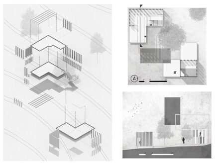 axonometric, plan, and section drawings in black and white 