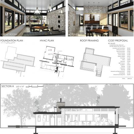 Interior renderings with stone walls, plans, and cross section of house 