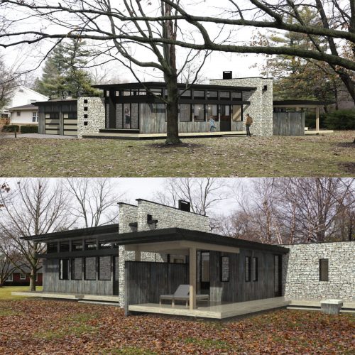 Exterior renderings of house made of stone and glass 