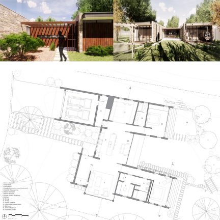 Exterior rendering and floor plan of house 