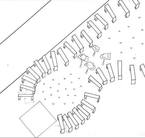 Axon of design intervention in Chandigarh Sector 17, with a sequence of frames 