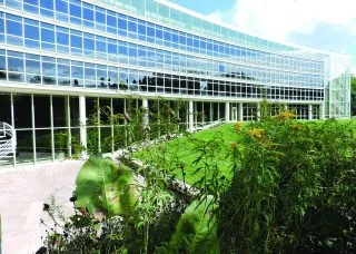 glass facade of Temple Buell Hall