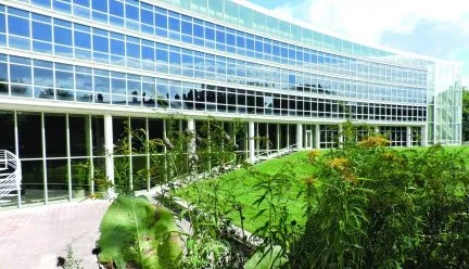 glass facade of Temple Buell Hall