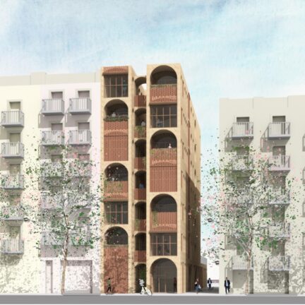 Exterior rendering showing arched openings in facade 