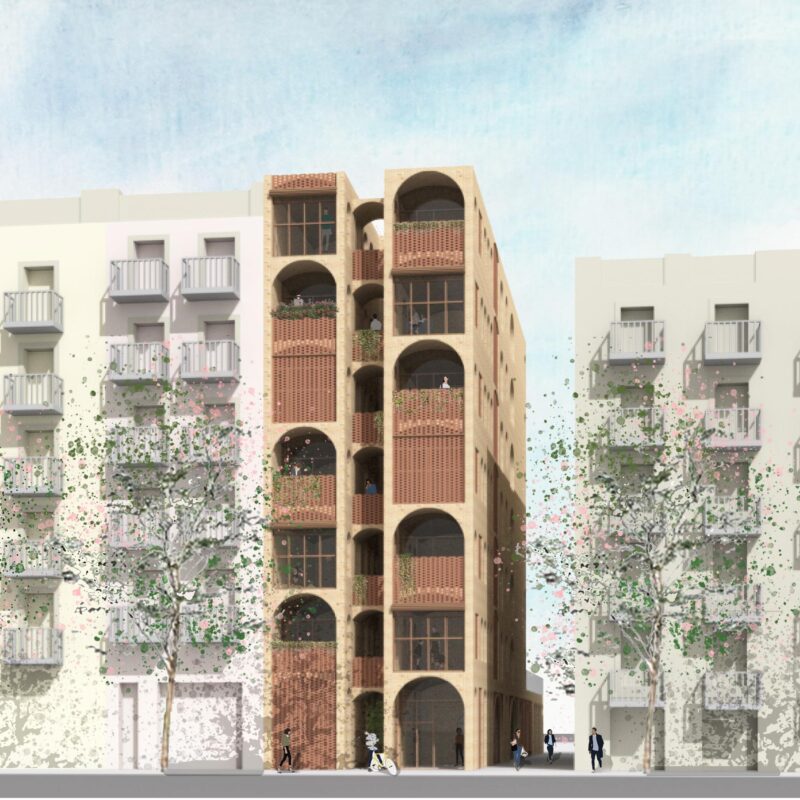 Exterior rendering showing arched openings in facade 